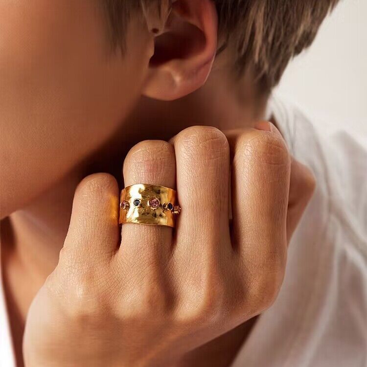 Adjustable Titanium Steel Statement Ring for Women – C-Shaped Colored Zircon Design