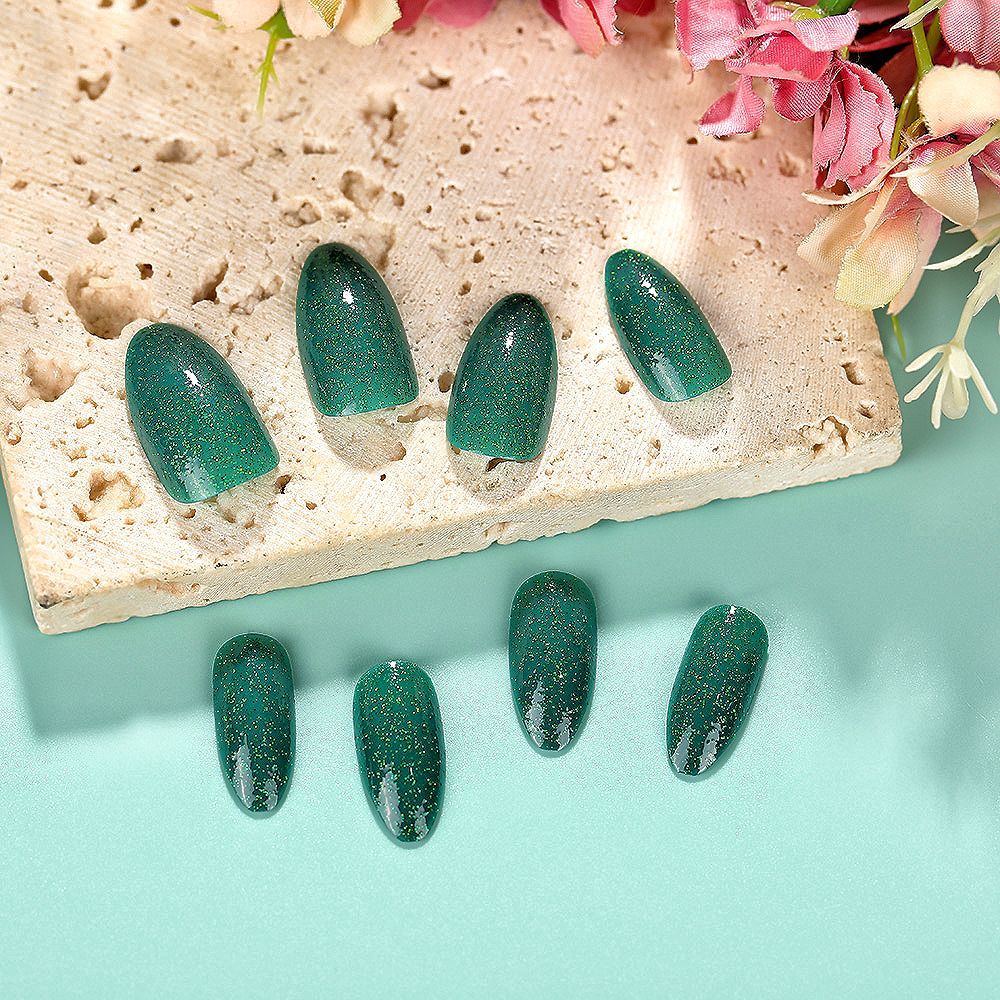 Emerald Green Glitter Press-On Nails – Oval Shape, UV Shine Finish, Reusable Nail Set