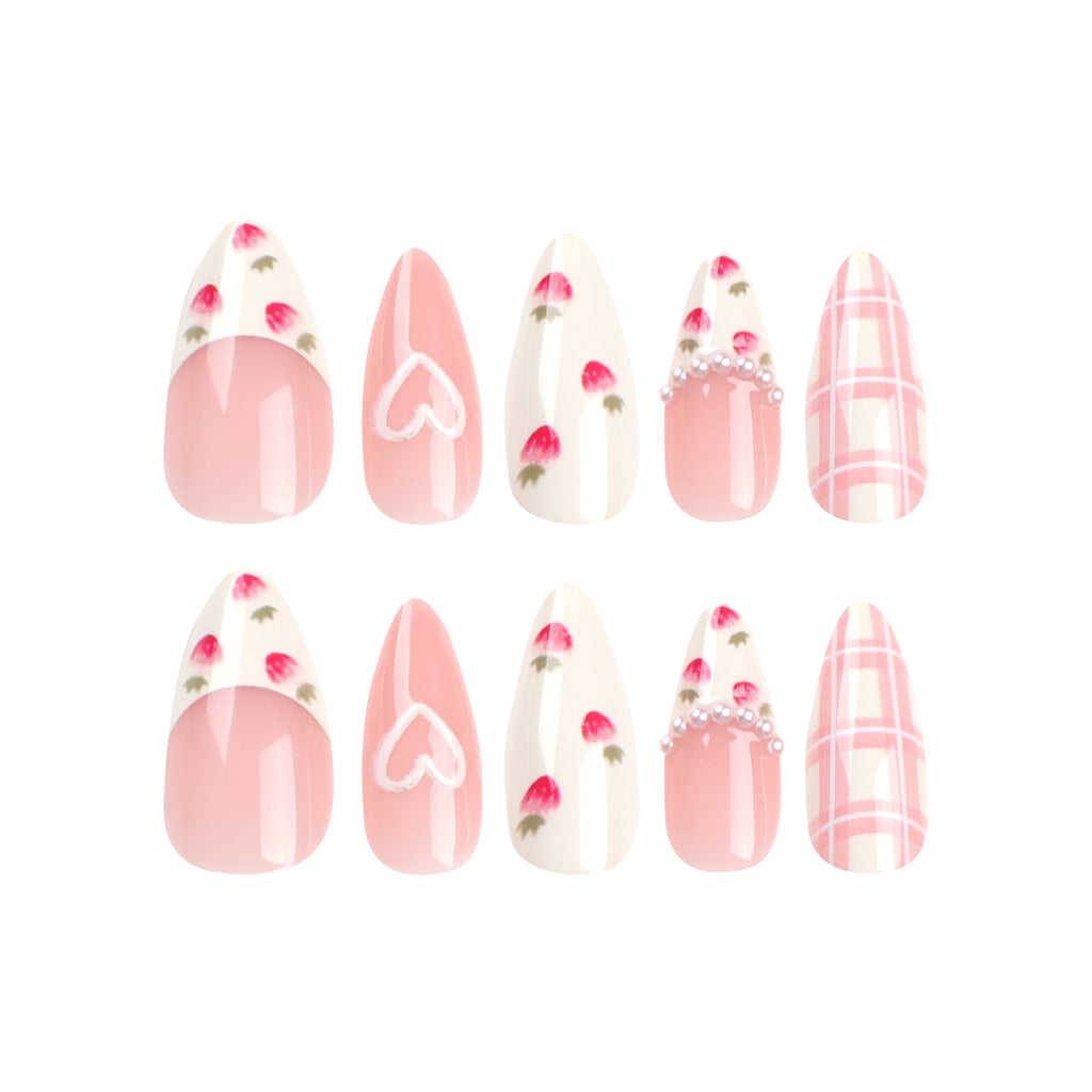 Sweet Almond Press-On Nails with 3D Hearts & Strawberry Design – Medium Fake Nails