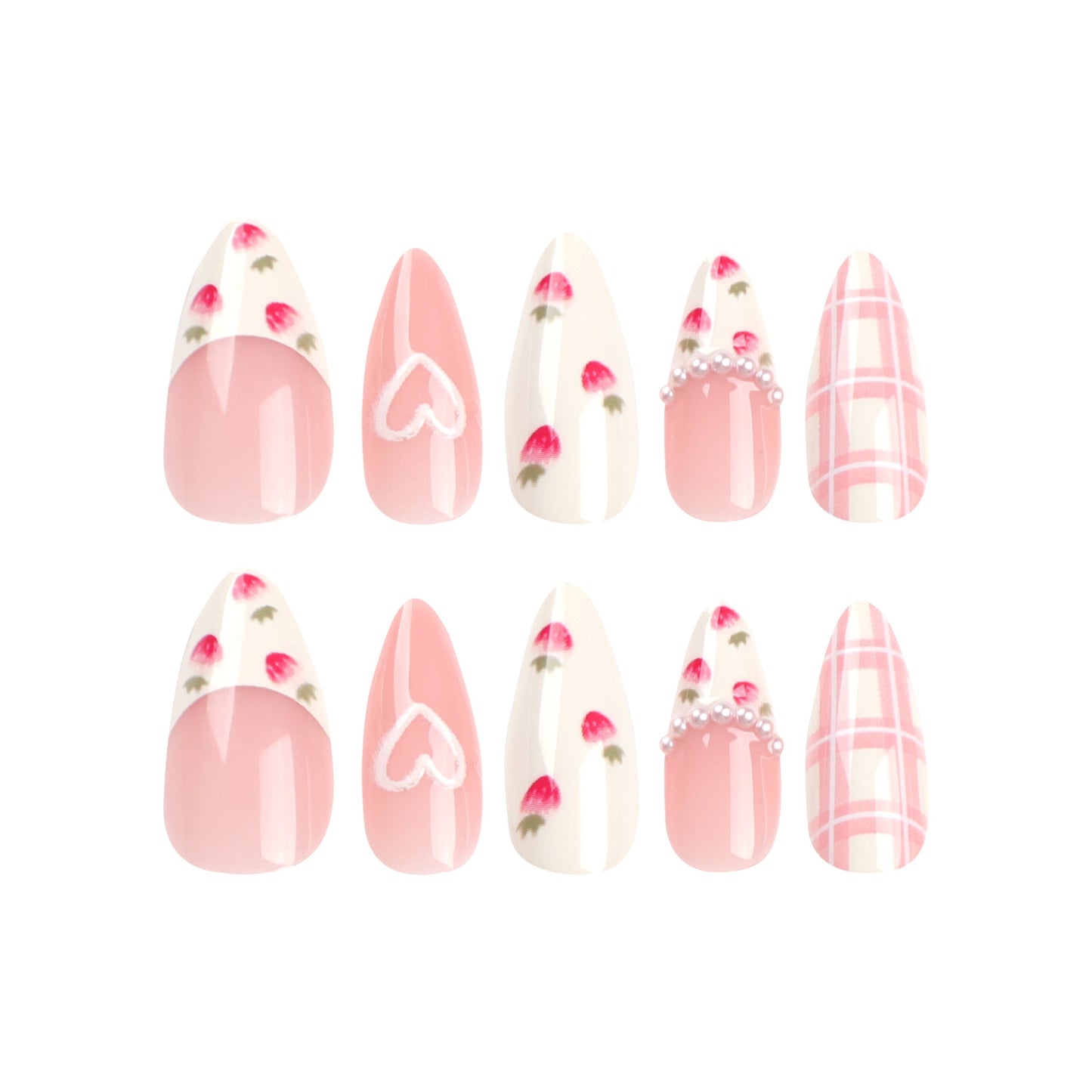 Sweet Almond Press-On Nails with 3D Hearts & Strawberry Design – Medium Fake Nails