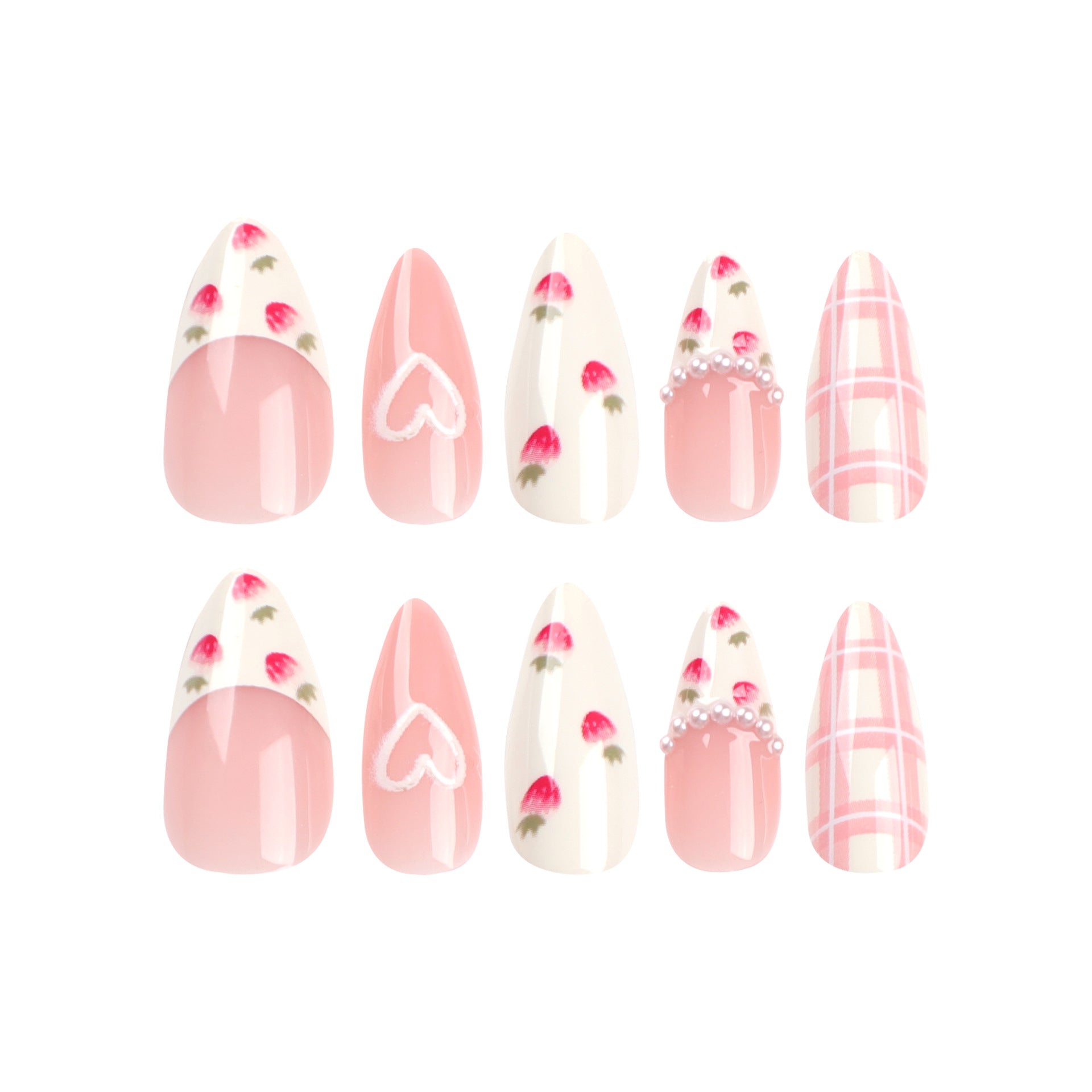 Sweet Almond Press-On Nails with 3D Hearts & Strawberry Design – Medium Fake Nails
