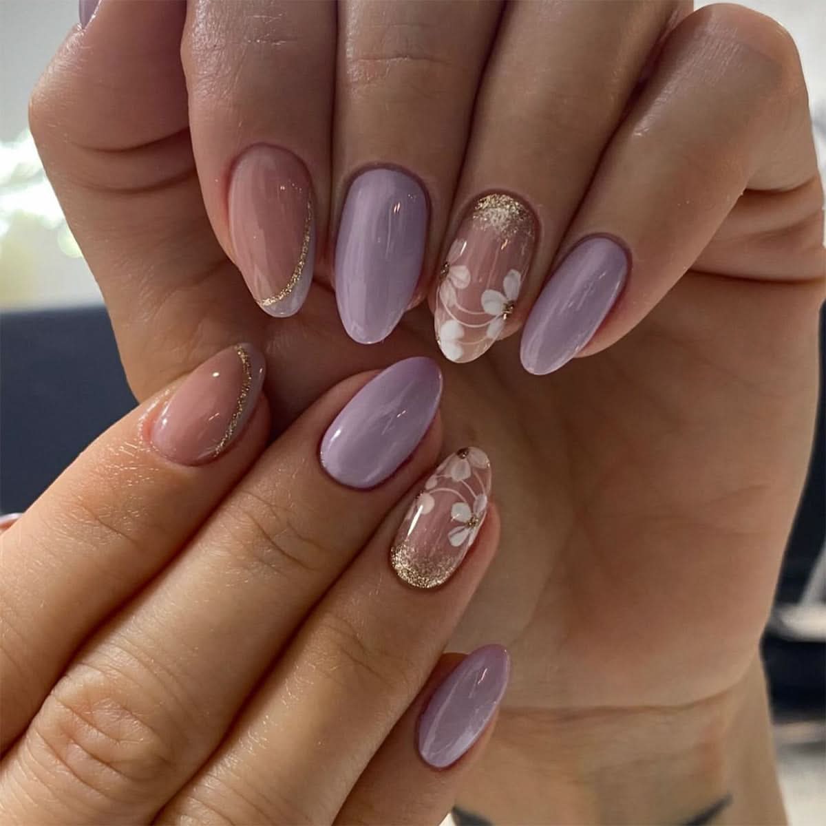 French Purple Press-On Nails – Beveled Tip Fake Nails with White Floral Design