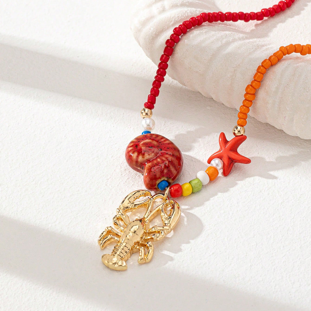 Beach Beaded Necklace for Women – Ocean Charm Coral Conch Pendant Jewelry