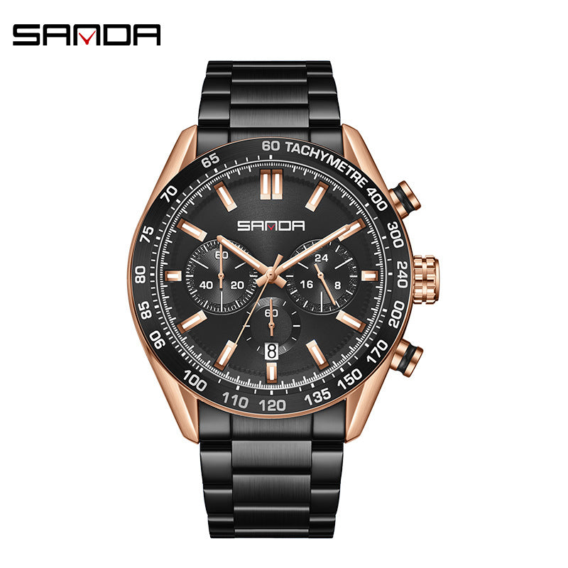 Sanda Men's Quartz Watch – Three-Eye Calendar Stainless Steel Strap Waterproof