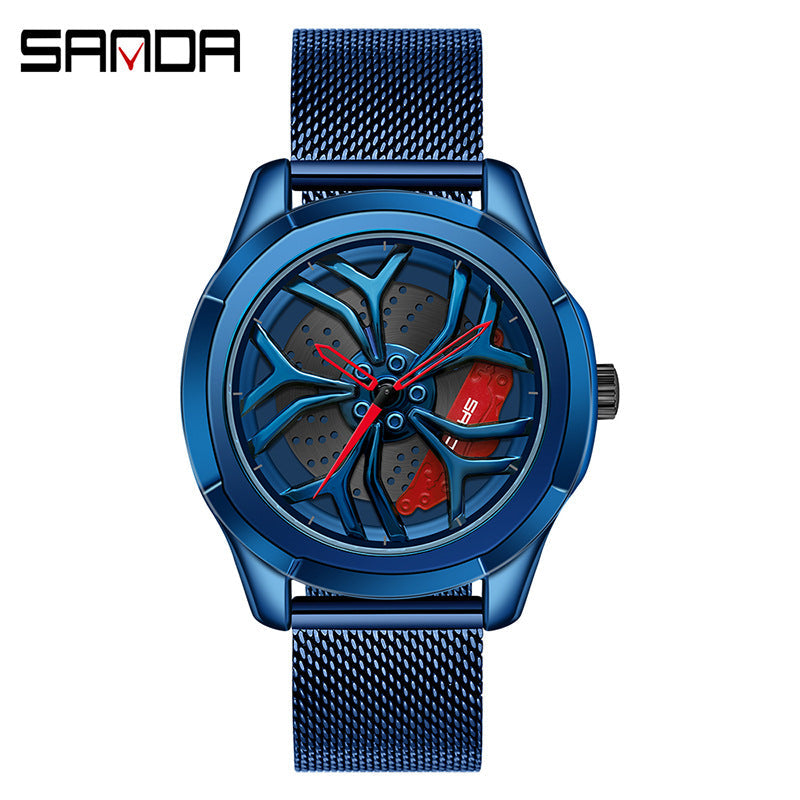 Sanda Men's Quartz Watch – Hollow Wheel Dial, Mesh Steel Strap, Waterproof Timepiece