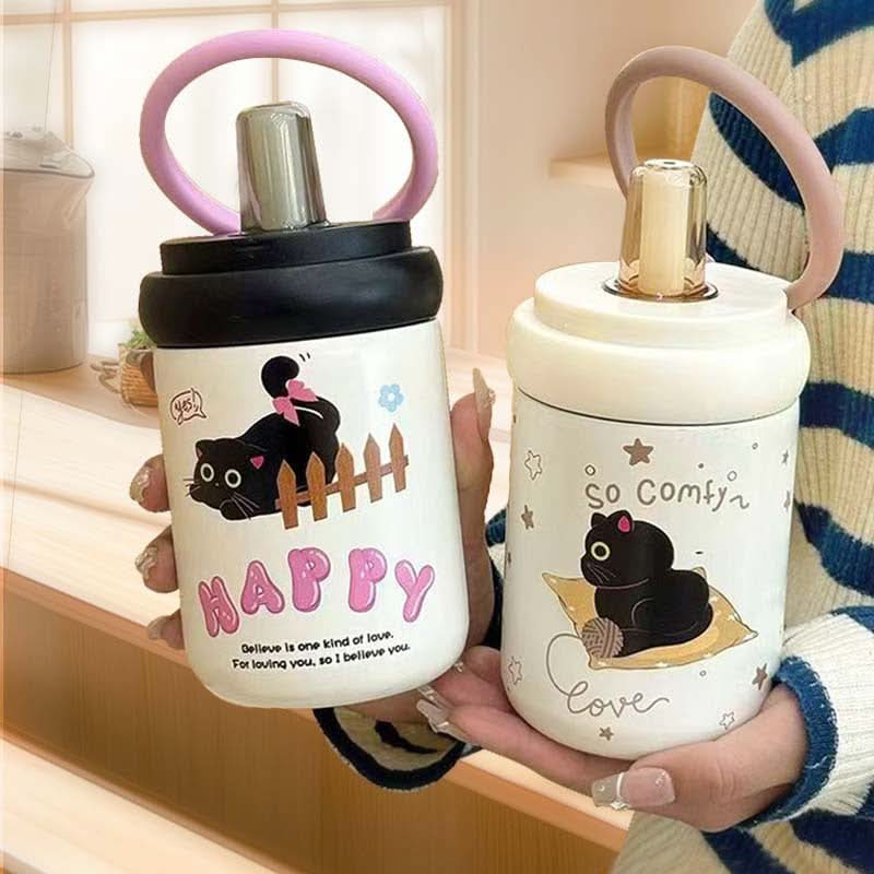 Cute Cat Stainless Steel Thermos Cup – 500ml Insulated Water Bottle with Straw