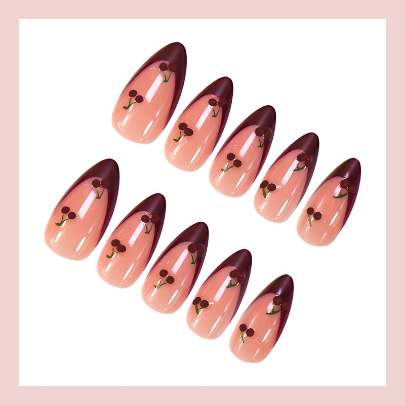Playful Stiletto Press-On Nails – Nude & Burgundy French Tips with Cherry Design Nails