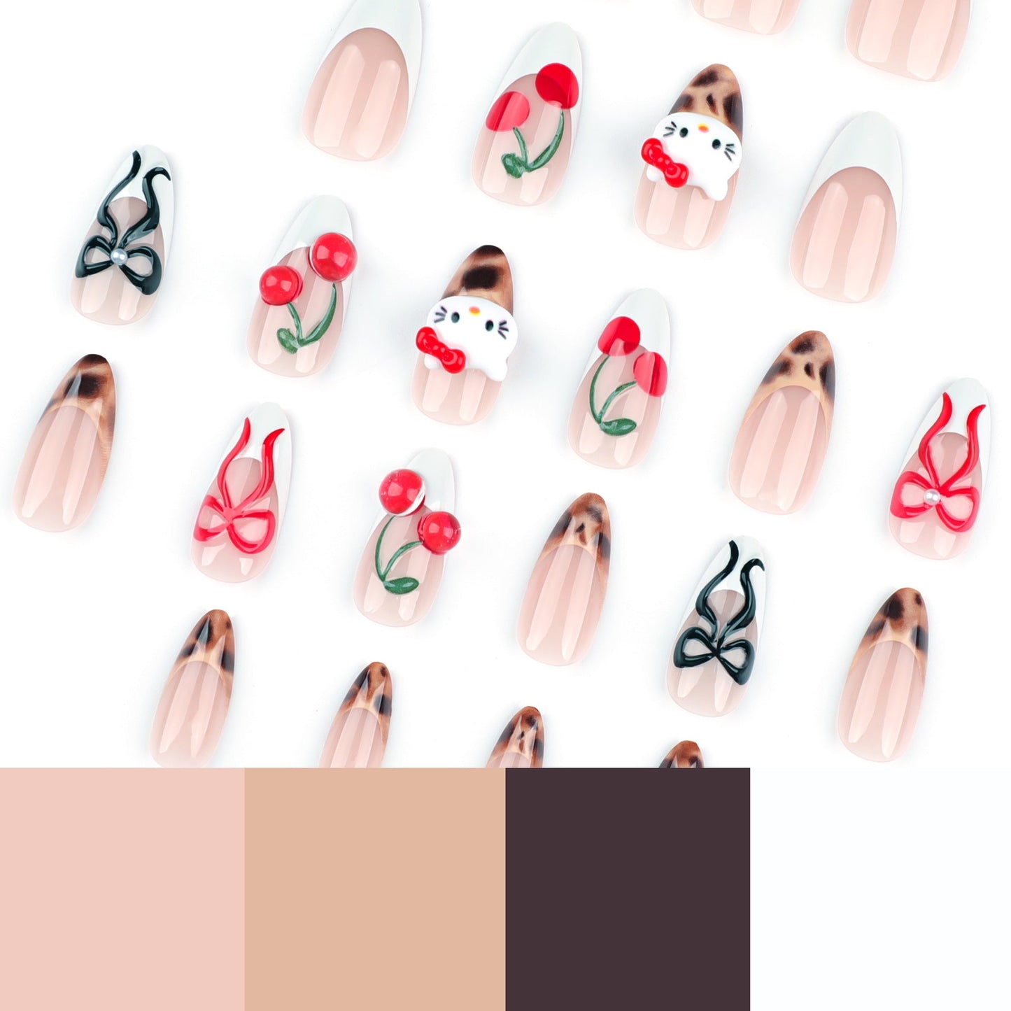 3D Hello Kitty Press-On Nails – Almond Shape with Cherry & Bow Design