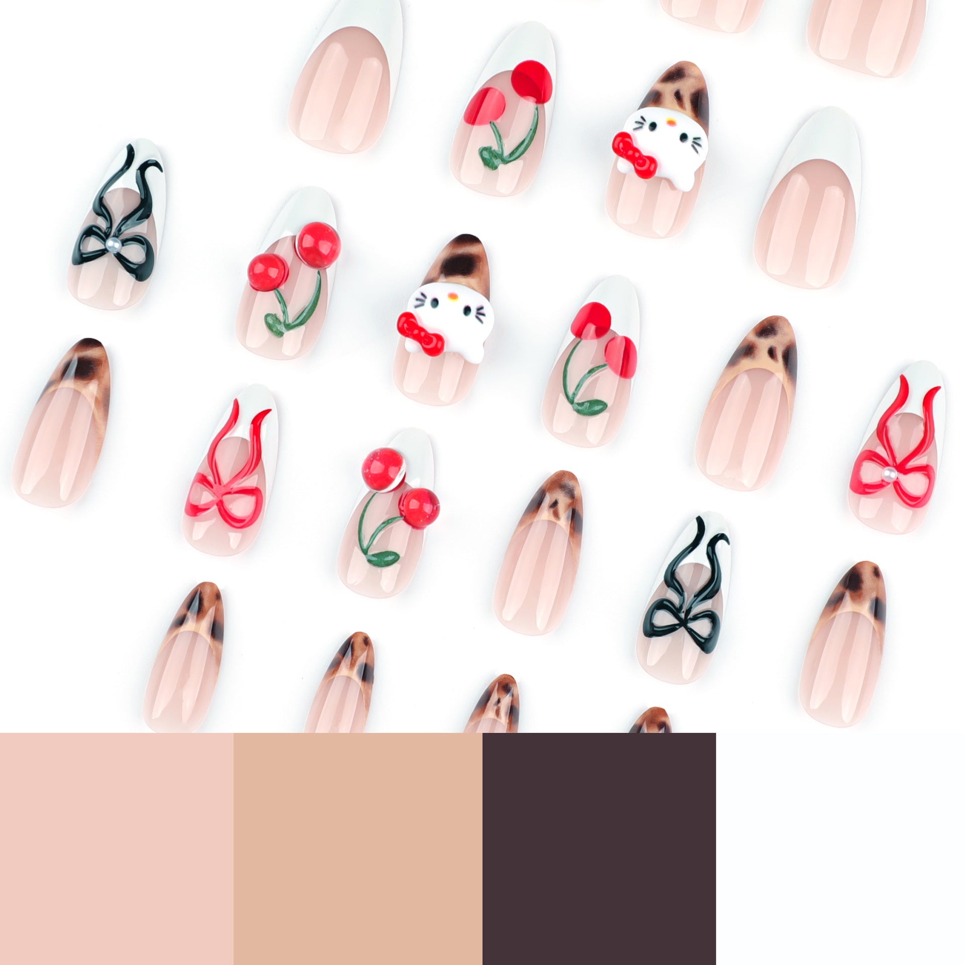 3D Hello Kitty Press-On Nails – Almond Shape with Cherry & Bow Design