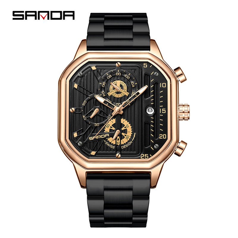 SANDA Men's Stainless Steel Square Quartz Watch – Multifunction Calendar Waterproof Timepiece