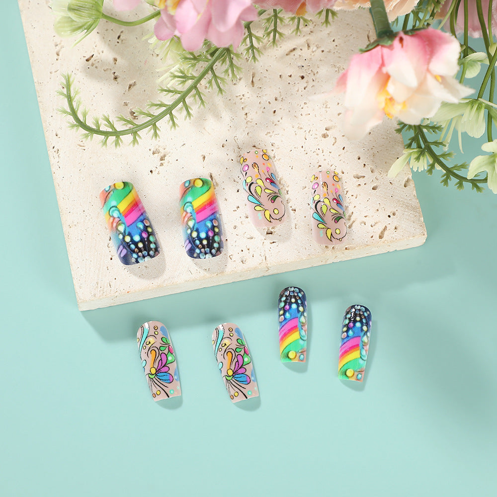 Rainbow Floral Press-On Nails – Medium Square Acrylic Set with Whimsical Design