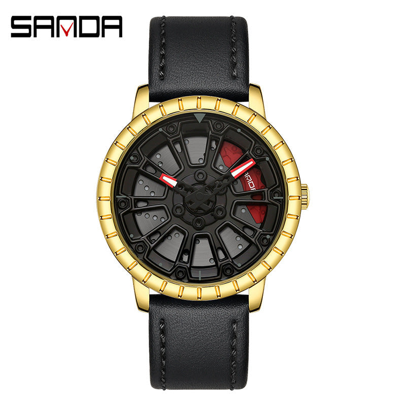 Sanda Men’s Quartz Watch – Hollow Dial, Leather Strap, Waterproof Casual Timepiece