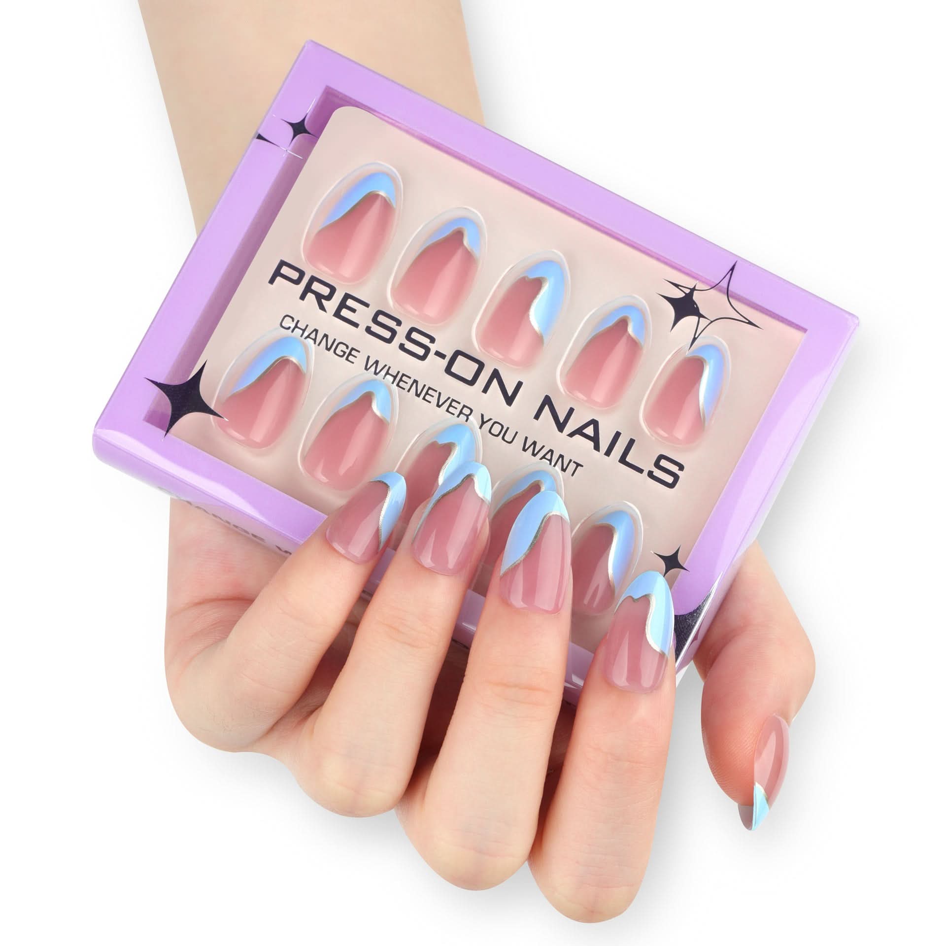 French Blue & Pink Press-On Nails – Short Almond-Shaped Wavy French Tip Design