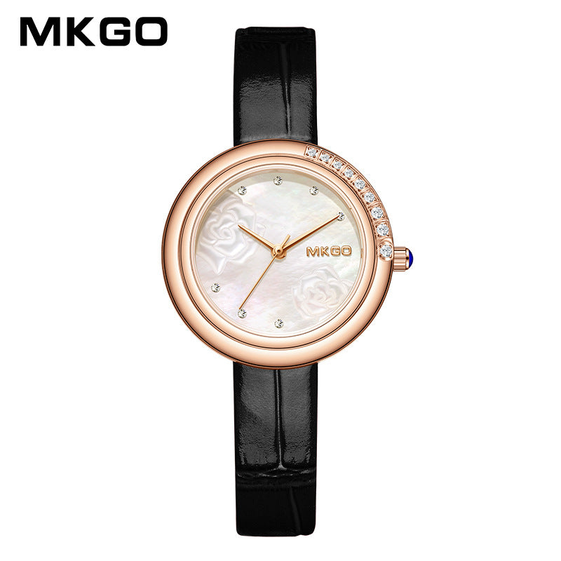 MKGO Luxury Women’s Pearl Dial Watch – High-End 3D Carved Quartz Fashion Timepiece