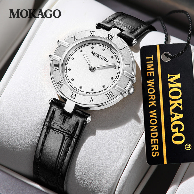 MOKAGO Women’s Retro Quartz Watch – Roman Dial, Waterproof Leather Strap