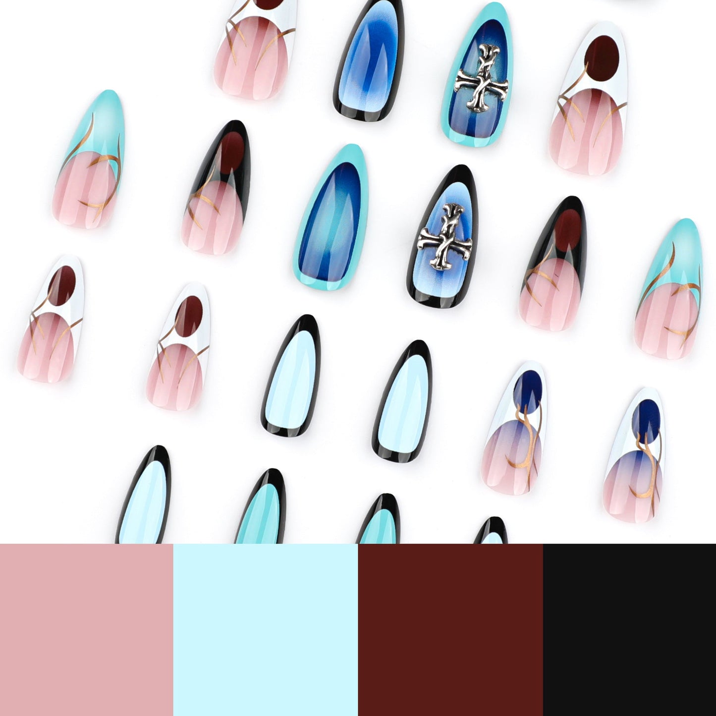Press-On Nails – Long Stiletto Glue-On Set with Cross Design & Abstract Swirls