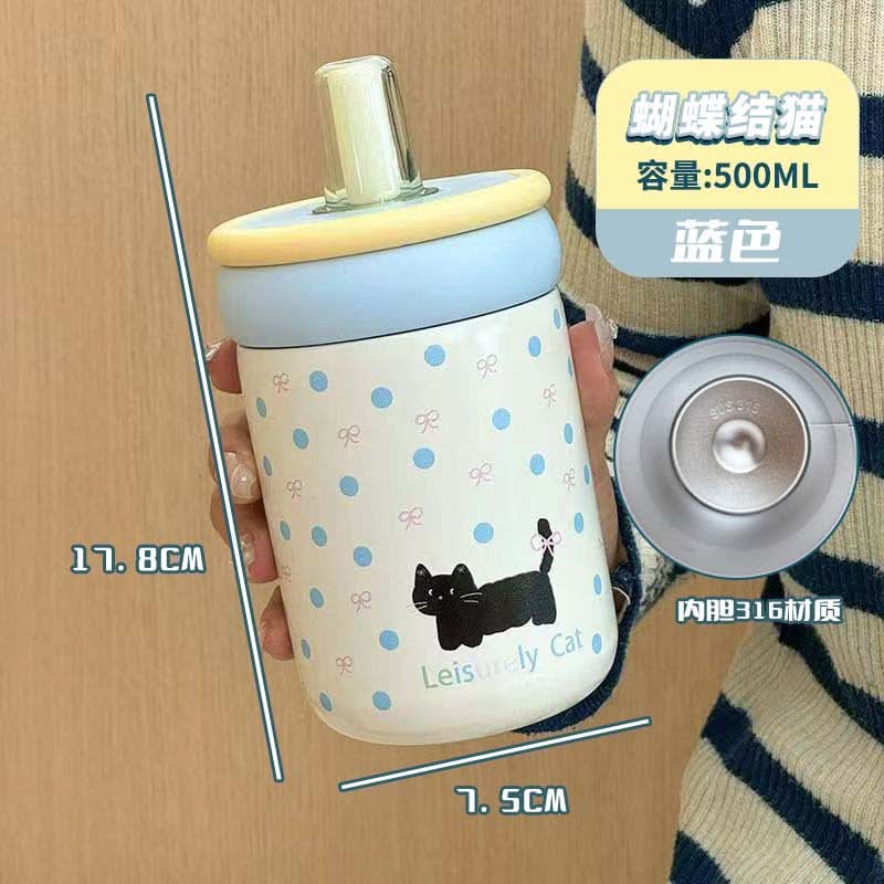 Cute Cat Stainless Steel Thermos Cup – 500ml Insulated Water Bottle with Straw