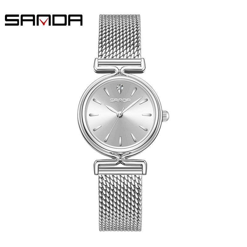 Sanda Women’s Mesh Quartz Watch – Round Dial, Waterproof Stainless Steel Analog Watch