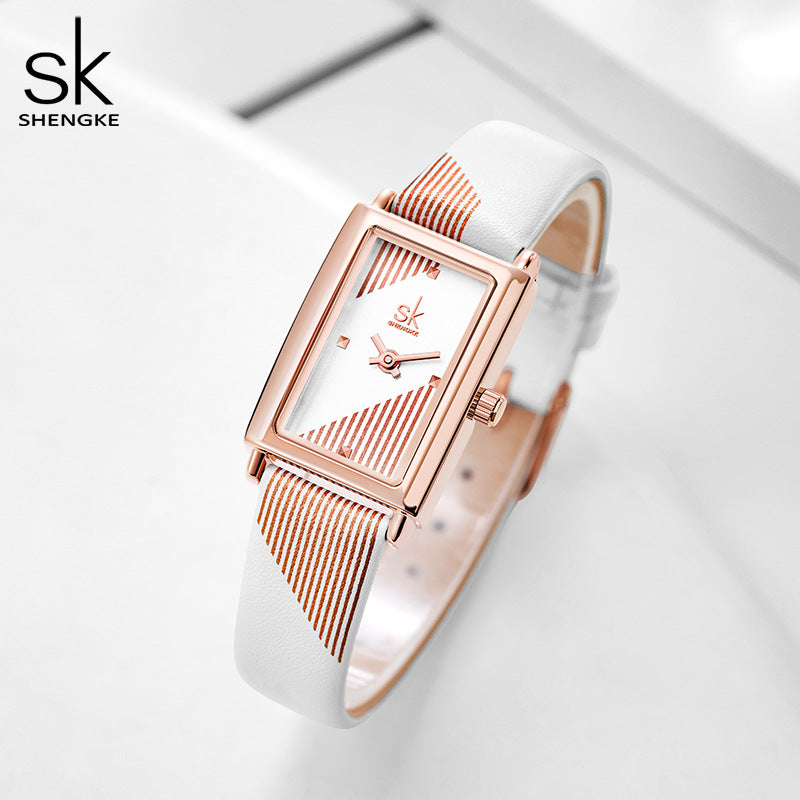 SK Women’s Quartz Watch – Creative Rectangle Dial, Leather Strap, Waterproof Wristwatch