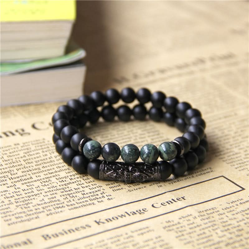 Unisex Natural Stone Beaded Bracelet Set – Micro-Inlaid Skull Design