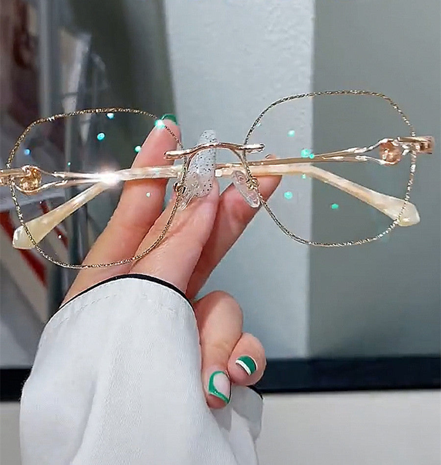 Champagne Gold Polygonal Anti-Blue Light Reading Glasses – Stylish Frameless Myopia Eyewear