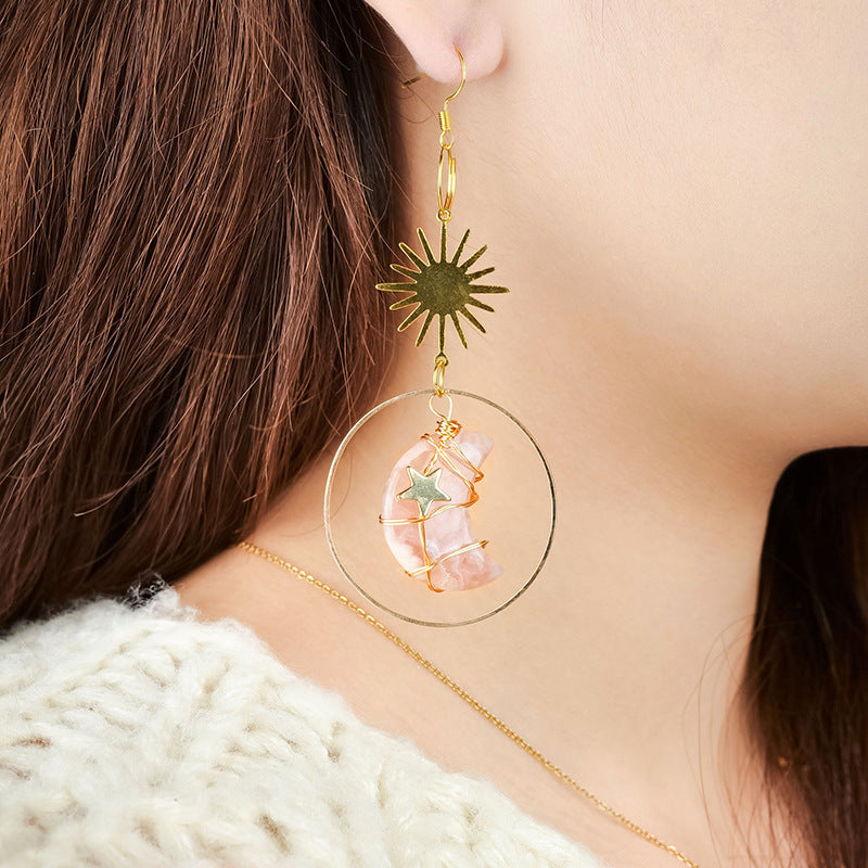 Cherry Blossom Agate Moon Hoop Earrings – Modern Minimalist Jewelry
