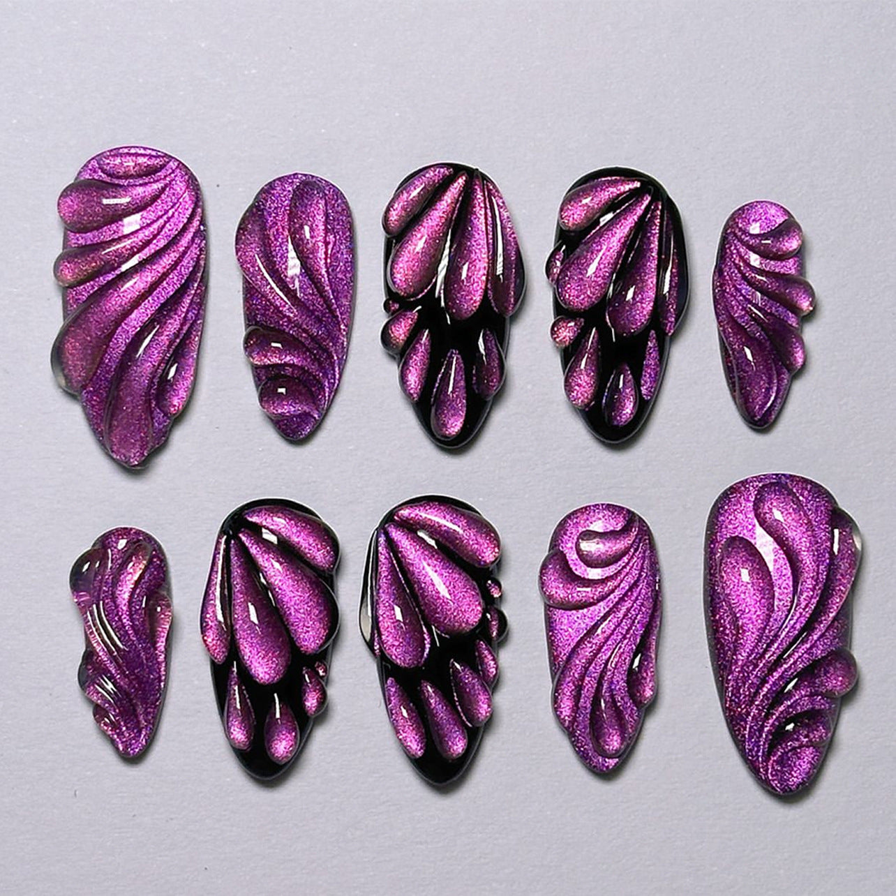Long Almond Purple & Black 3D Press-On Nails – Glittery, Glossy, Artistic Design