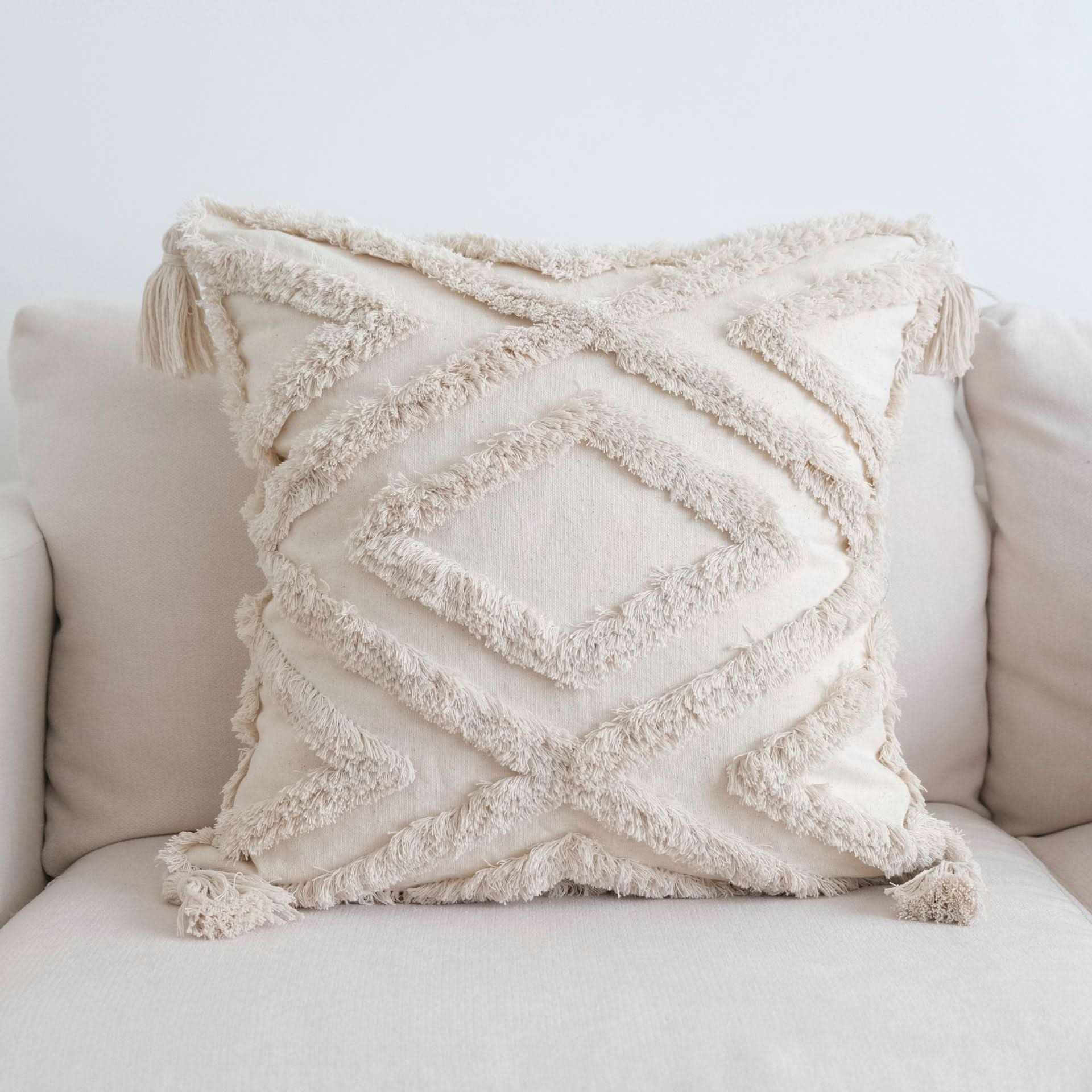 Tufted Cotton and Linen Pillow - Tassel Decorative Cushion Cover