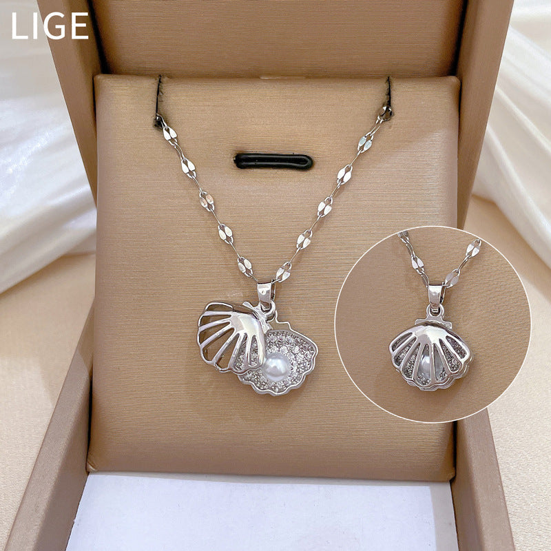Luxury Zircon Shell Pearl Necklace – Titanium Steel Pendant with Micro-Inlaid Pearl