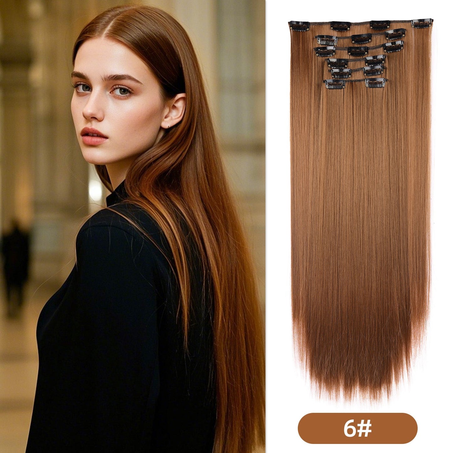 6-Piece Clip-In Straight Hair Extensions – Long Synthetic Fiber Wig Set for Women - 22 inches