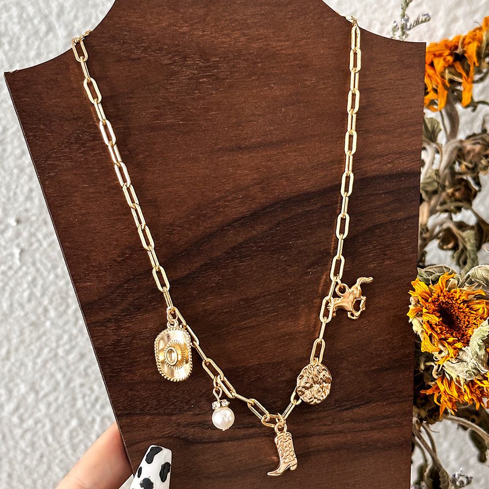 Retro Cowboy Hat & Boots Pendant Necklace – Western Style Pearl Chain for Women