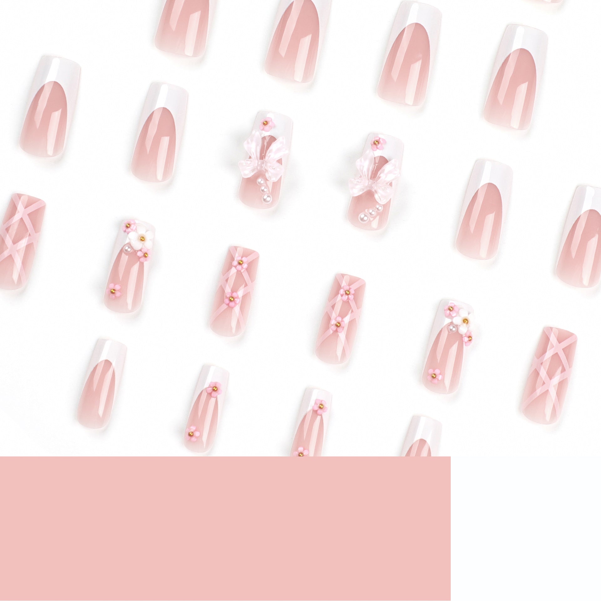 Cute Pink Coffin Press-On Nails – 3D Bow & Floral Design, Medium Length Nails