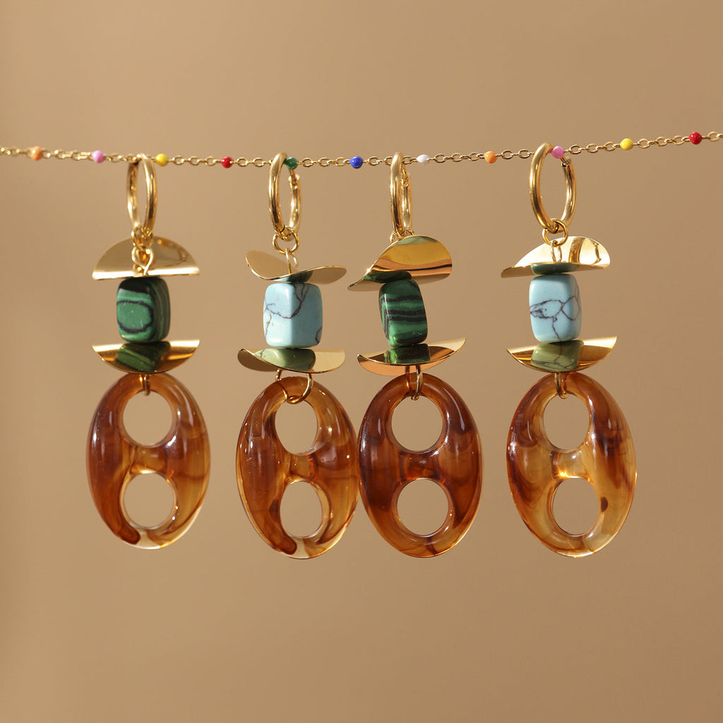Turquoise Geometric Resin Earrings – Trendy Stainless Steel Chain Design for Women