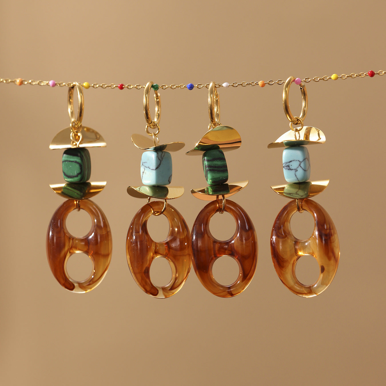 Turquoise Geometric Resin Earrings – Trendy Stainless Steel Chain Design for Women