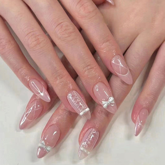 Elegant Bridal Press-On Nails – Medium-Long Stiletto with 3D Bows, Pearls