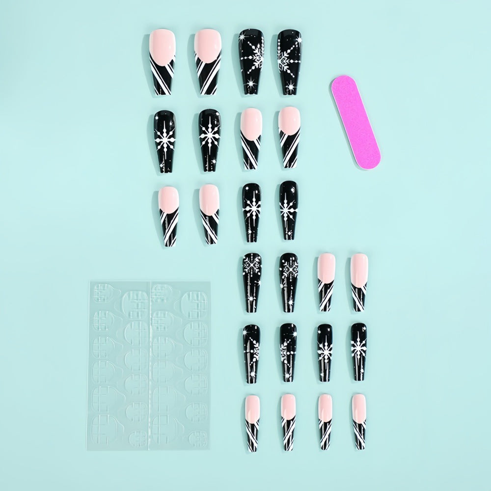 Elegant Black & Nude Coffin Press-On Nails with Snowflake & Striped Design