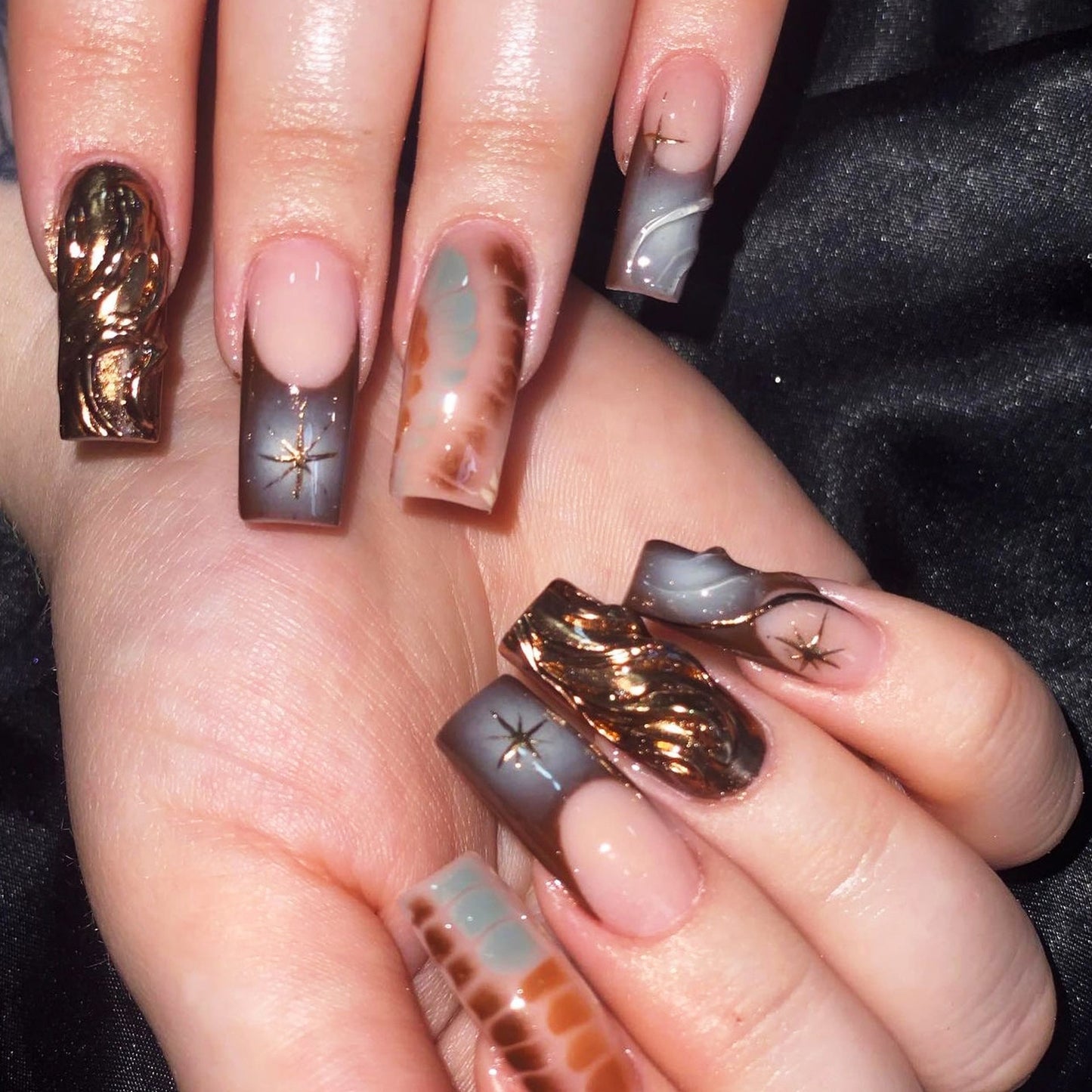 Chrome Starburst Gradient Press-On Nails – Long Coffin Shape, Metallic Swirl Design