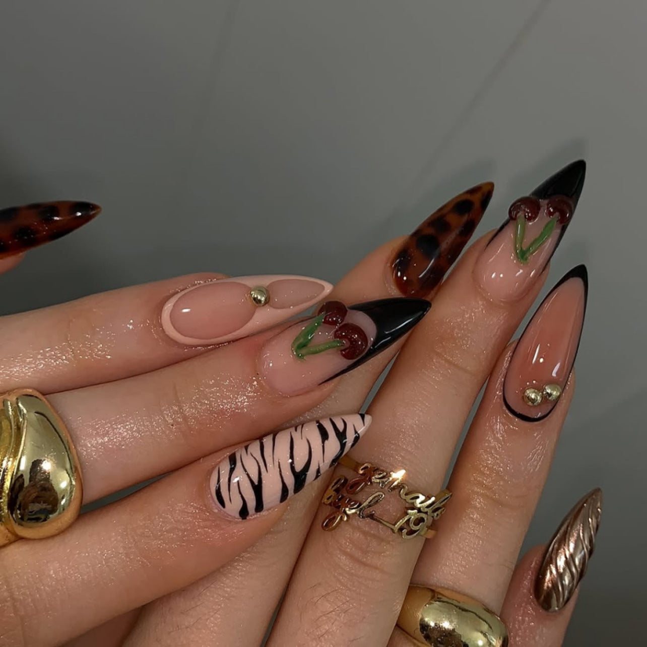 Stiletto Press-On Nails with French Tips & 3D Cherry Design – Trendy Glossy Set