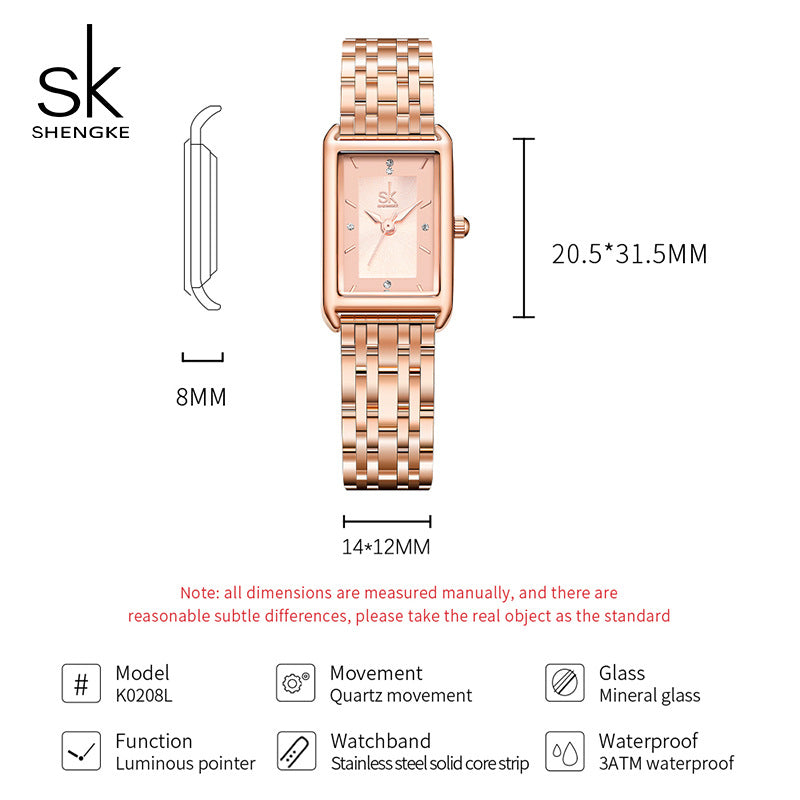 SK Women’s Square Quartz Watch – 30M Waterproof Fashion Student Watch
