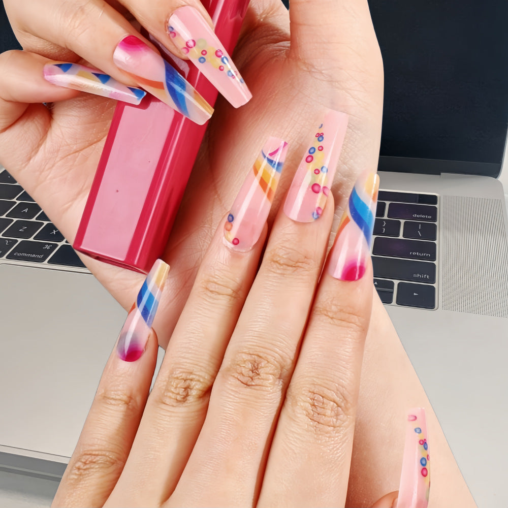 Colorful Abstract Coffin Press-On Nails – Long Glossy Swirl & Dot Design