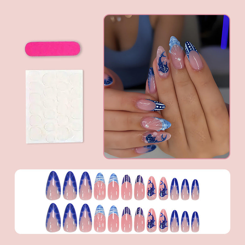 Blue & Nude Stiletto Press-On Nails – 3D Dolphin Swirl Long Glossy Nail Art