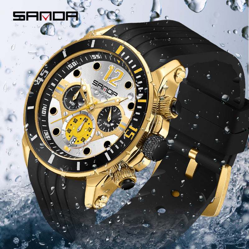 SANDA Luminous Men’s Quartz Watch – Silicone Strap with Calendar, 30M Waterproof