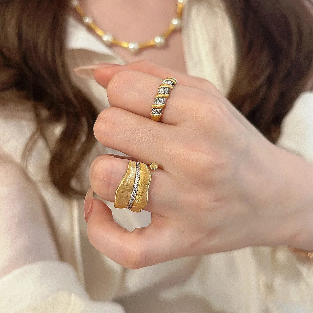 Medieval Leaf Zircon Ring – Gold Brushed Copper Statement Ring for Women