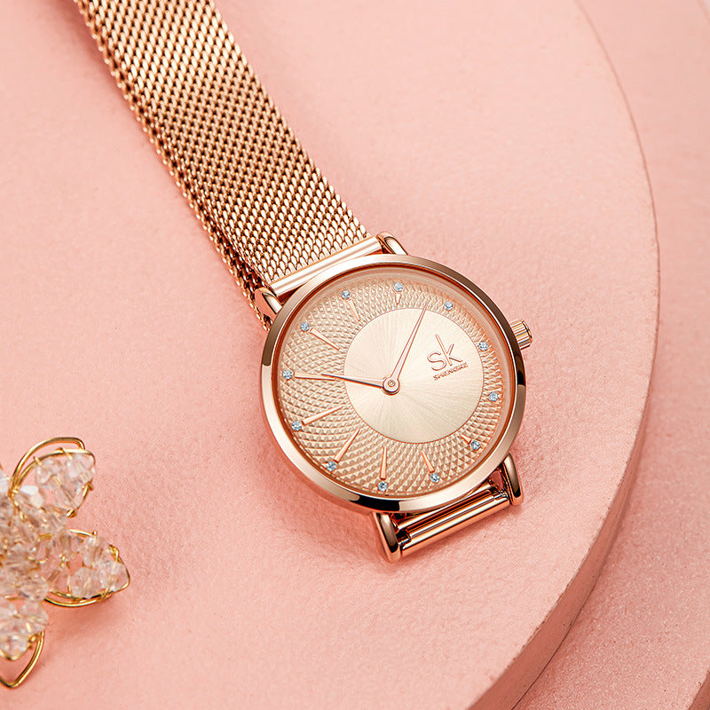 SK Women’s Quartz Watch – Diamond Dial Stainless Steel Mesh Fashion Timepiece
