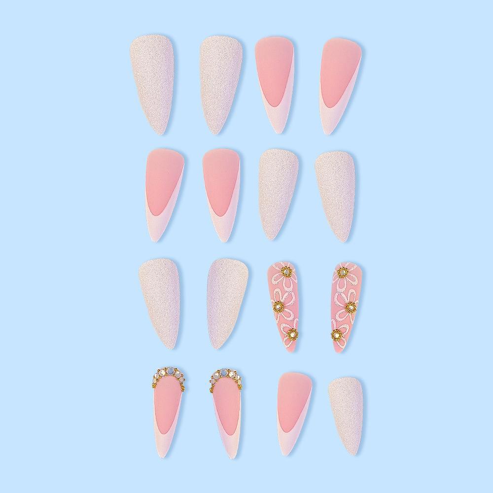 Floral Rhinestone Stiletto Press-On Nails – Long Pink & White Almond Nails