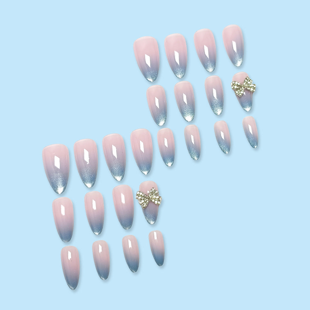 Blue Ombre Glitter Press-On Nails with 3D Bow – Long Stiletto Acrylic Set