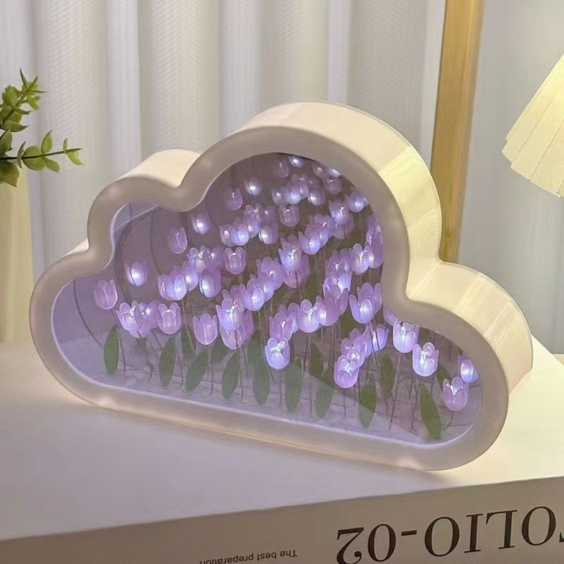 DIY Cloud Tulip Night Light – Handmade Nordic-Style Floral Mirror Lamp with Built-In Battery