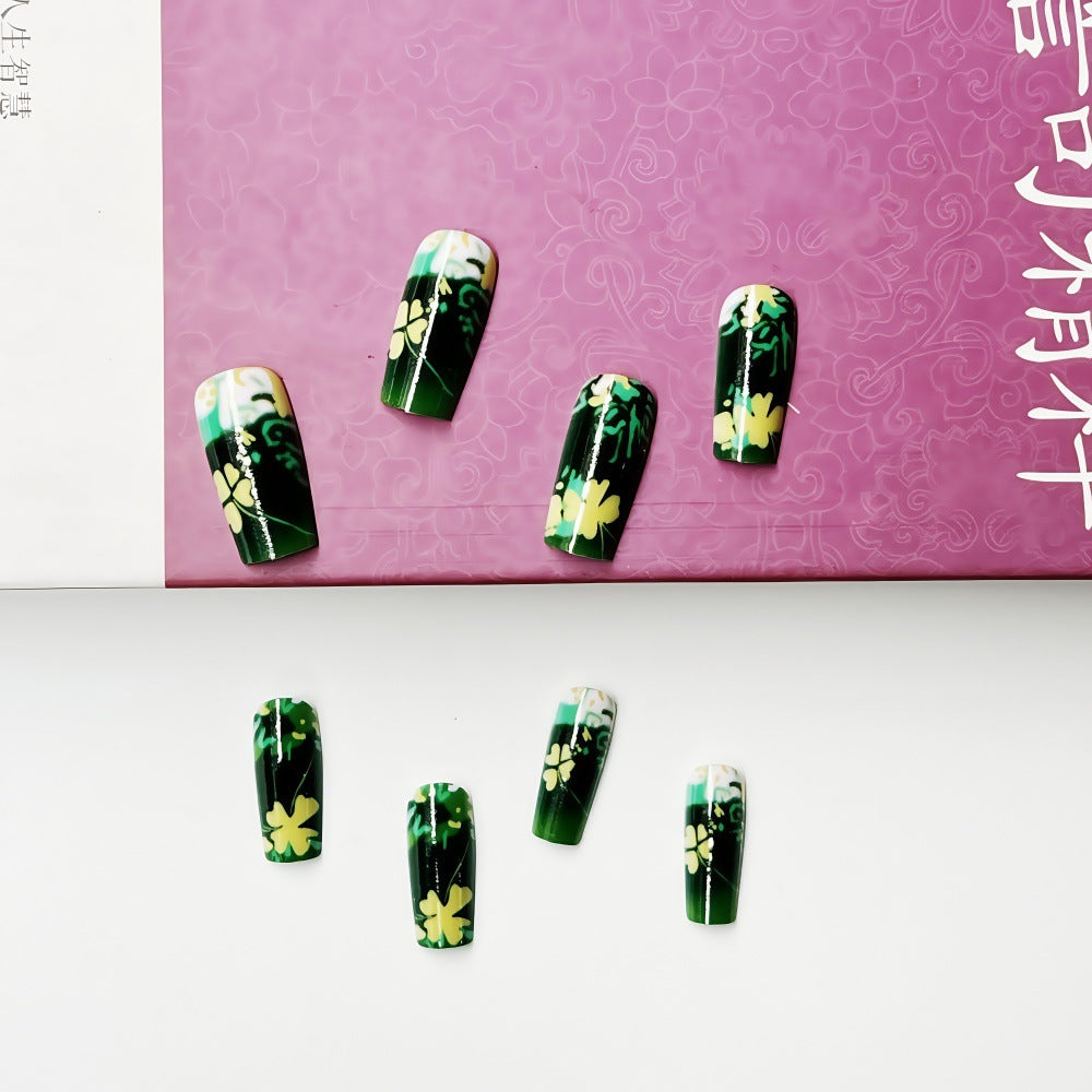 Elegant Floral Glitter Square Press-On Nails – Long Green & Gold Acrylic False Nails