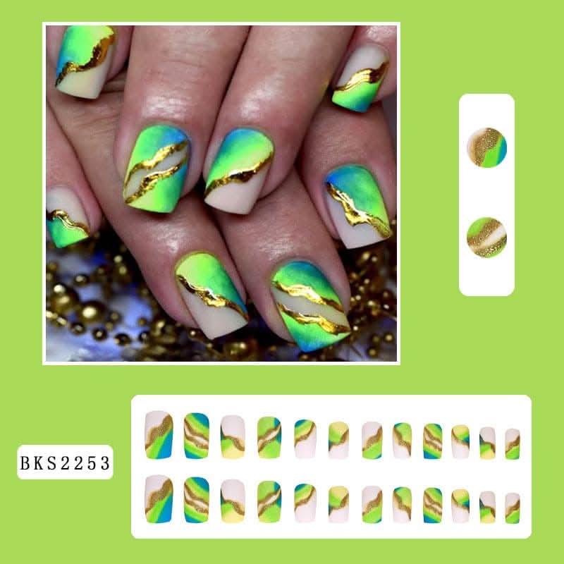 Wearable Fluorescent Green Nail Tips – Gold Edge Gradient Nail Art Patches