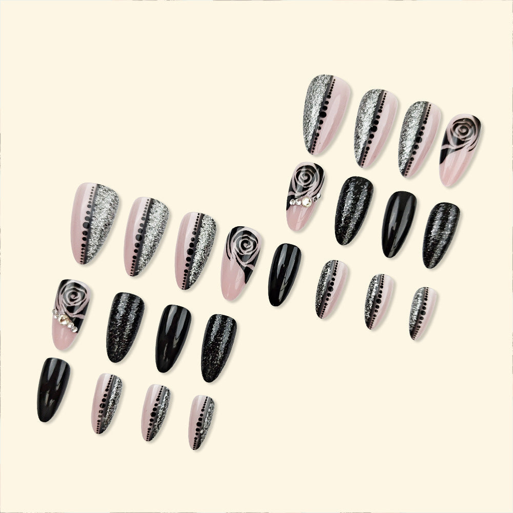 Black Rose Glitter Press-On Nails – Medium Almond Acrylic with Gem Accents